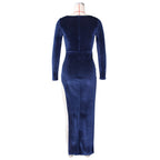 Elegant Velvet High Waist Slit Maxi Dress Long Sleeve Evening Party Dress