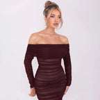 Off - shoulder Slash Neck Solid Maxi Dress