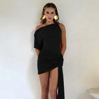 Oblique - Shoulder Backless Irregular Draped Dress