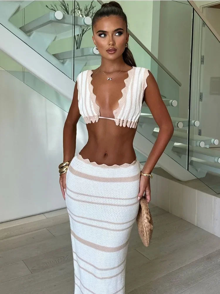 Striped Ruffle Maxi Knit Set