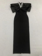 Pleated Strapless Bow Ankle Length Dress