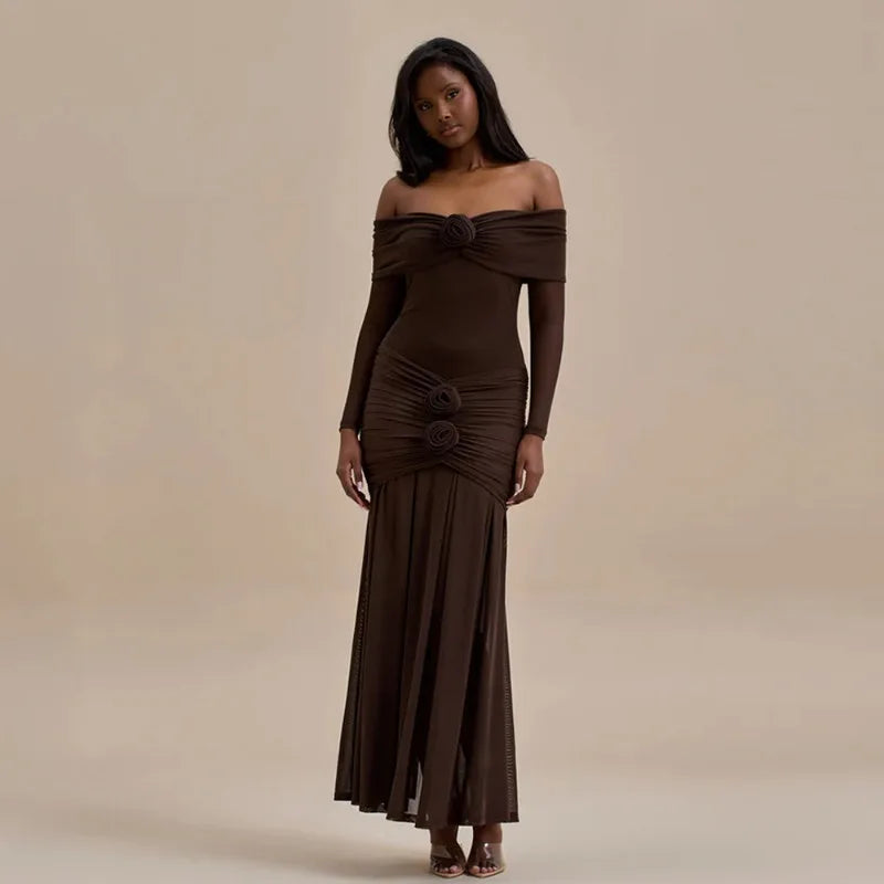 3D Flower - appliqué Mesh Long Sleeve Fishtail Maxi Dress