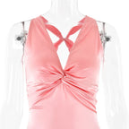V Neck Sleeveless Satin Bow Backless Maxi Dress