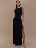 Backless Ruched O Neck Thigh High Split Long Dress
