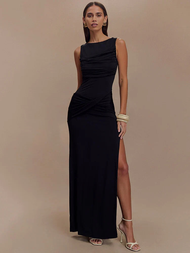 Backless Ruched O Neck Thigh High Split Long Dress