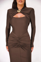Long Sleeved Pleated Hollowed Out Maxi Dress
