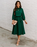 Elegant Office Dress Formal Loose Green Long Sleeve Belt ALine Midi Dresses