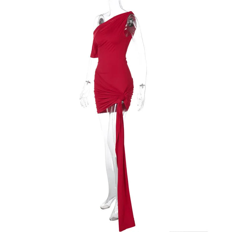 Oblique - Shoulder Backless Irregular Draped Dress