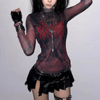 Grunge Aesthetics Print Mesh Sheer Top