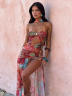 Hollow Laceup Split Floral Dress