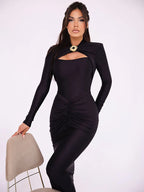 Long Sleeved Pleated Hollowed Out Maxi Dress