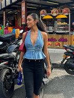 Denim Deep Vneck Backless Halter Laceup Cami Top