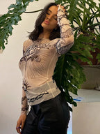 Gothic Graphic Full Sleeve Sheer Top