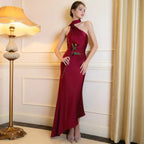Satin Backless Halter Ribbon Black Maxi Dress