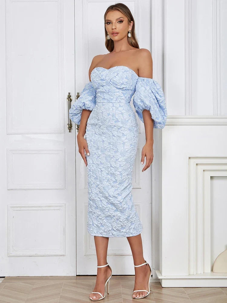 Flower Print Sky Blue VNeck Bodycon Lace Dress