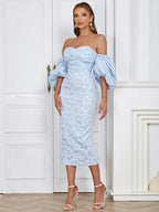 Flower Print Sky Blue VNeck Bodycon Lace Dress
