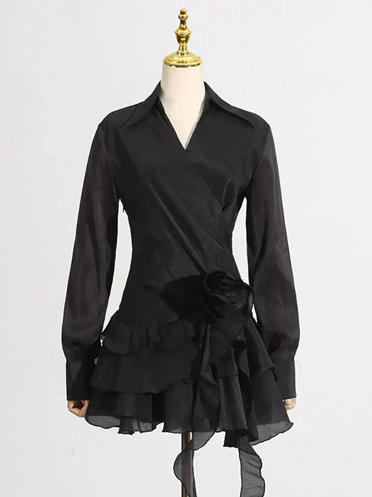Appliques Ruffles Draped Long Sleeve Dress
