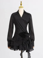Appliques Ruffles Draped Long Sleeve Dress