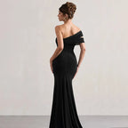 Solid One Shoulder Mesh Slit Long Dress