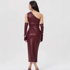 Off - Shoulder Strapless Faux Leather Patchwork Dress