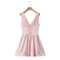 Stain Pleated Ruched Strap Bow Folds Hem Mini Dress
