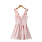 Stain Pleated Ruched Strap Bow Folds Hem Mini Dress