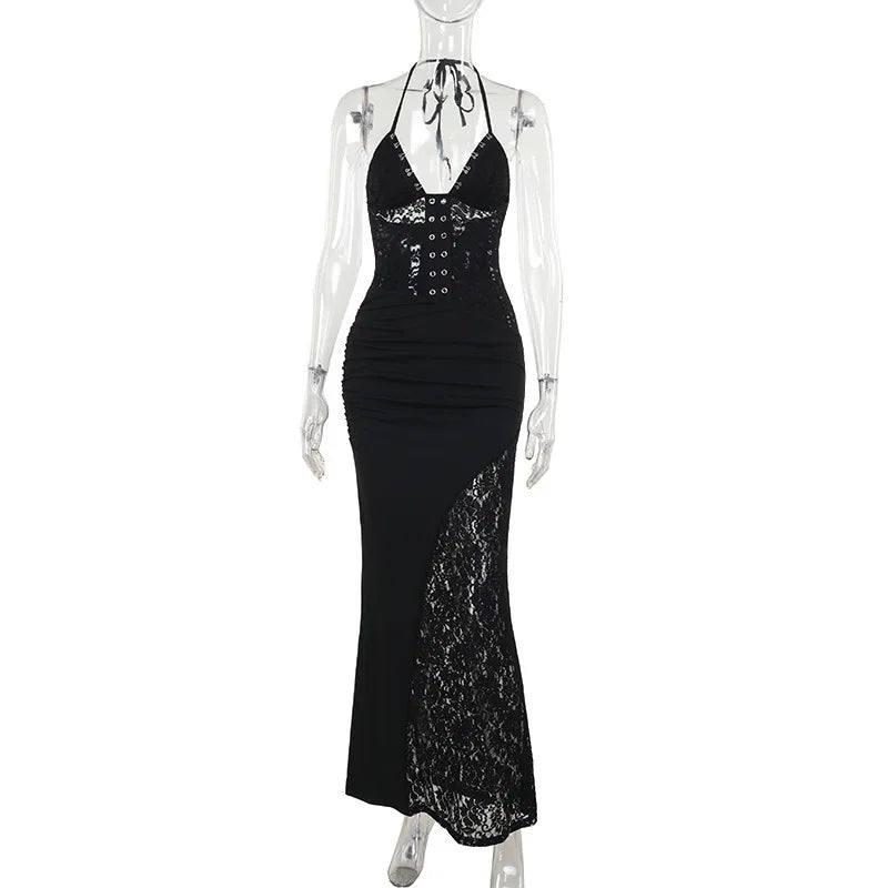 Deep V Halter Backless Maxi Party Dress Women