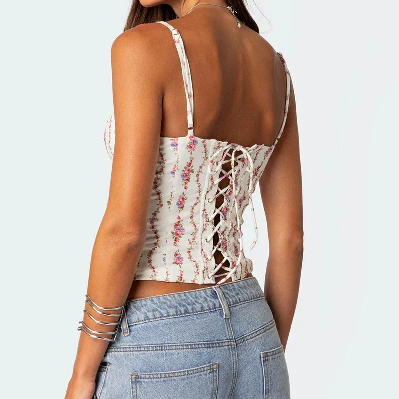 Backless Criss Cross TieUp Floral Cami Top