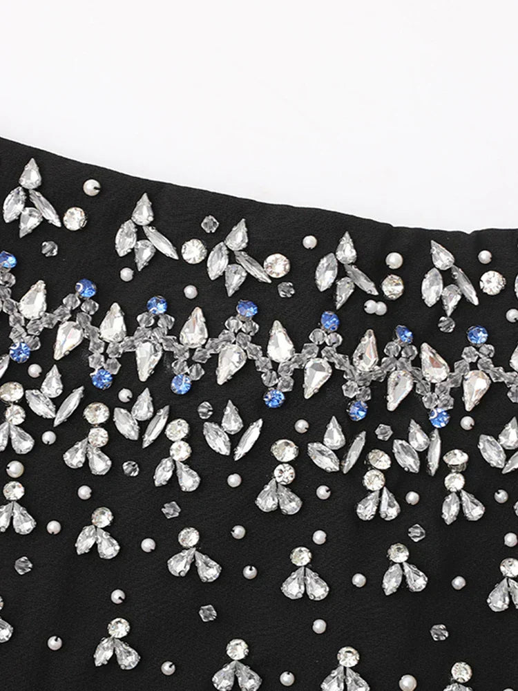 Diamonds Black Crystal Pearl Mini Midi Dress