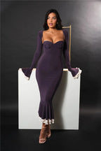 Patchwork Square Collar Evening Fishtail Dress