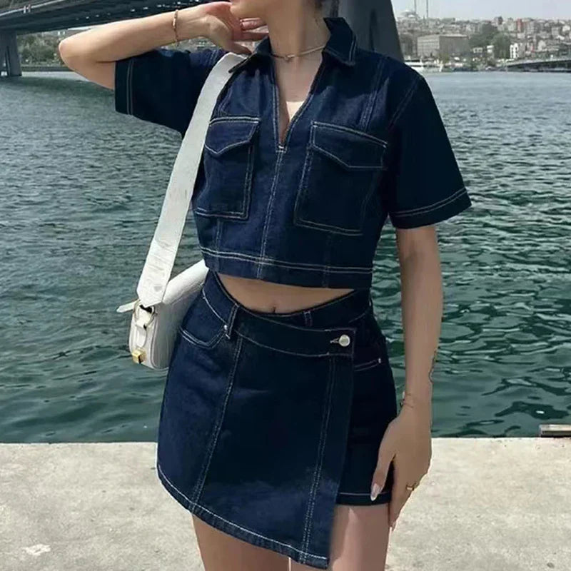 Crop Solid Denim Vneck Short Sleeve Blouse
