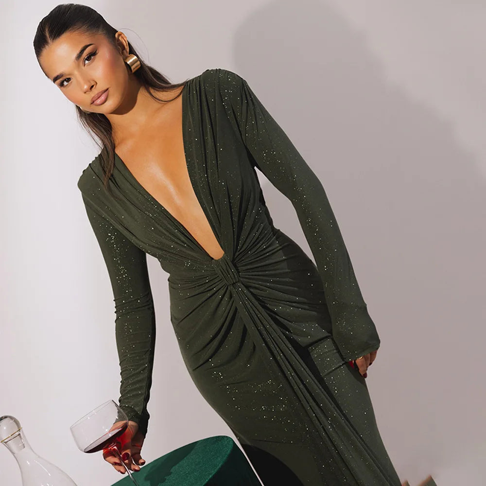 Elastic Deep V - Fold Lace Maxi Dress