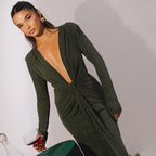 Elastic Deep V - Fold Lace Maxi Dress