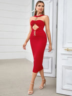 Red Metal Strapless Design Bodycon Midi Dress