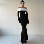 Black & White Off - the - Shoulder Maxi Dress with Long Sleeves