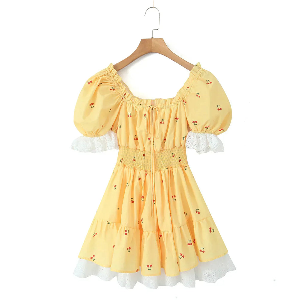 Print Puff Sleeve Ruffles Lace - up Mini Dress