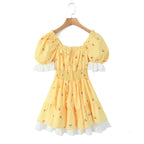 Print Puff Sleeve Ruffles Lace - up Mini Dress
