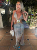 Backless Split Abstract Printed Mesh Sheer Dress