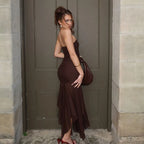 Brown Off - shoulder Strapless Long Dress