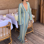 Crochet Stripe Flare Sleeve Maxi Dress