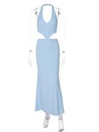 Halter Backless Blue Lace - up Maxi Dress