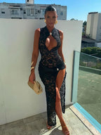 Embroidery Stand Collar Sheath Sheer Lace Dress
