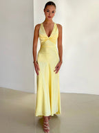 Satin V - neck Back Strappy Bow Maxi Dress