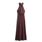 Solid Sleeveless Backless Bow Zipper Long Dress