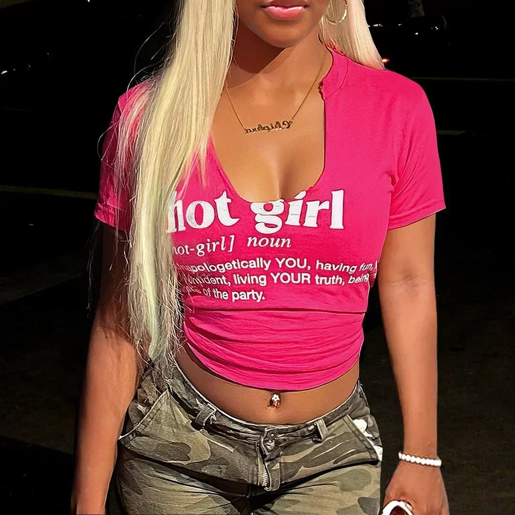 Casual Letter Print Oneck Crop Top