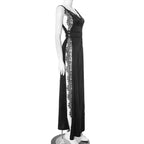 Lace Satin Patchwork High Split Maxi Dress