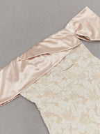 Slash Neck Embossed Flower Beige Dress