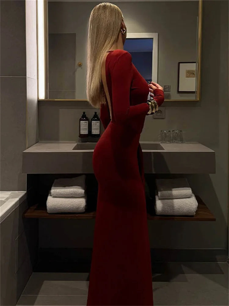 Red Lace - Up Pleated Long Sleeve Maxi Dress