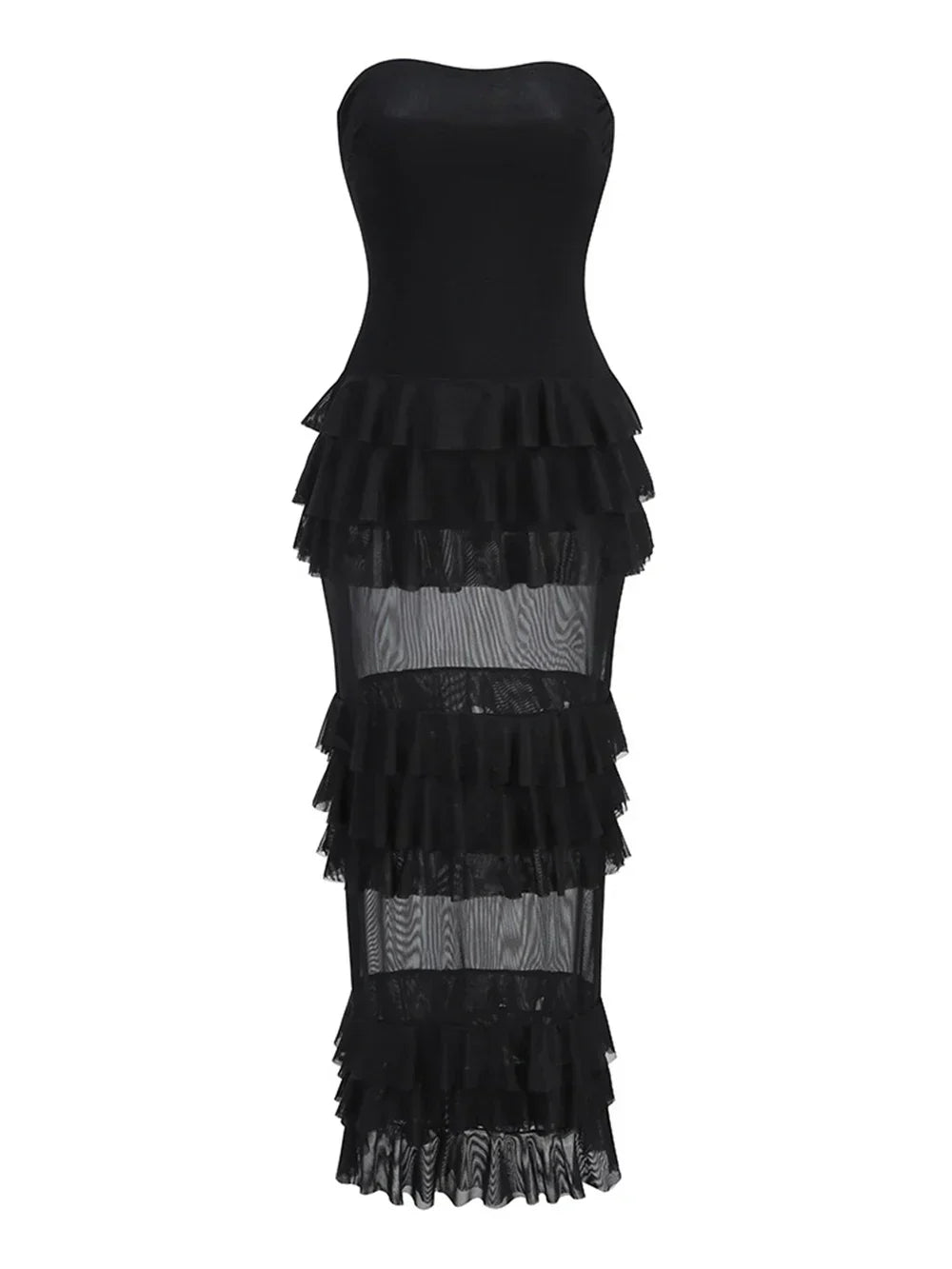 Strapless Mesh Patchwork Ruffle Dress