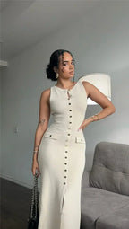 Knit Maxi Dress with Pockets Button - Front
